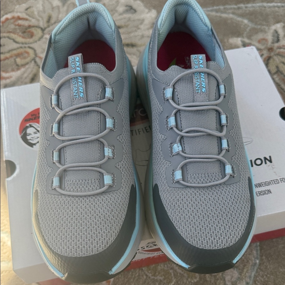 Skechers Nixx Light Gray & Aqua Women's work shoe, comp toe and slip resistant
